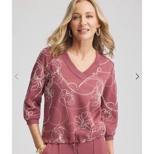 Chicos Zenergy double knit embroidered Pullover Sweatshirt V Neck dusty rose
